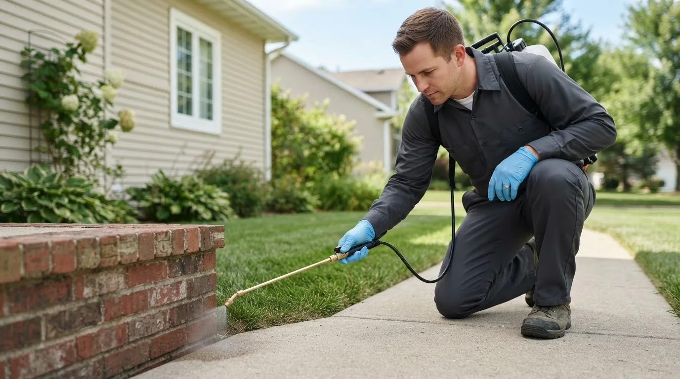 Pest control technician treating a home near Pierrepont Manor, NY