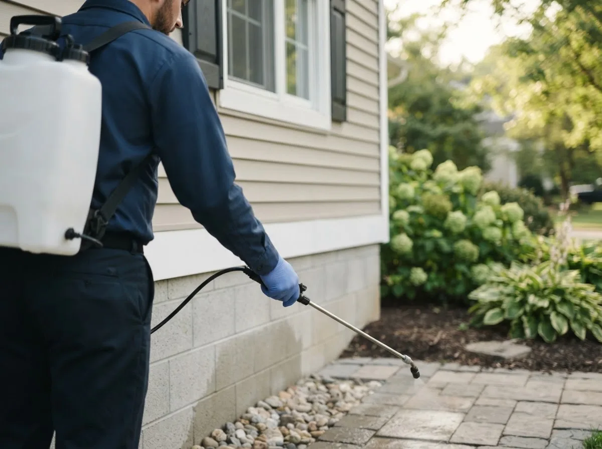 Pest control technician inspecting a home in Pierrepont Manor, NY